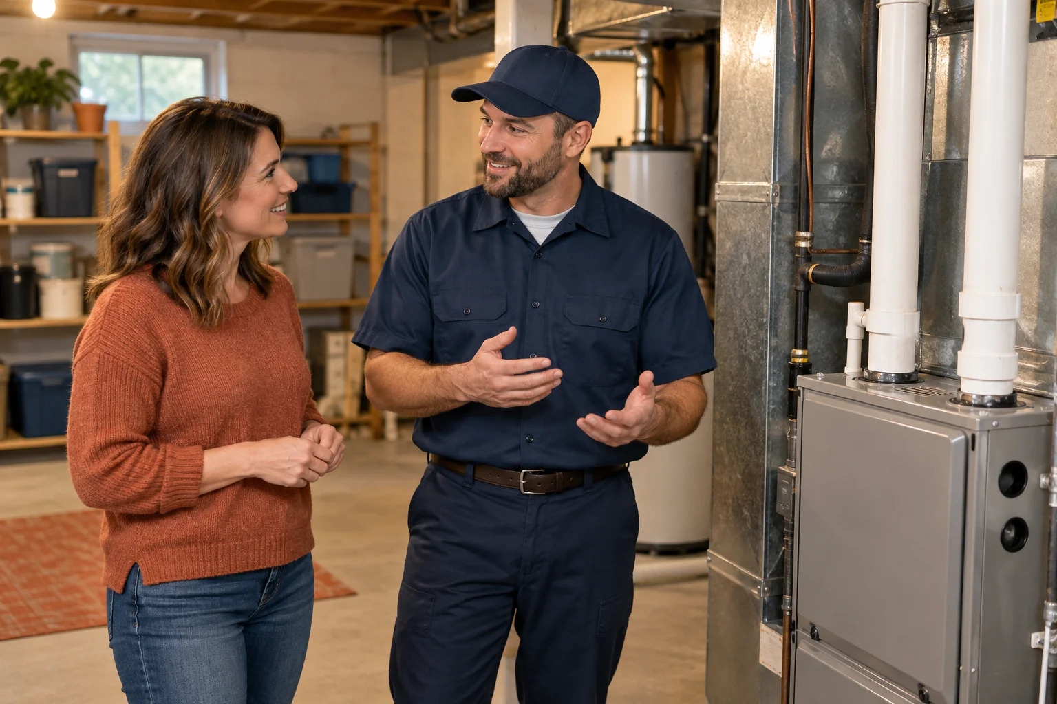 Illustrative image of a homeowner speaking with a service professional beside a residential furnace