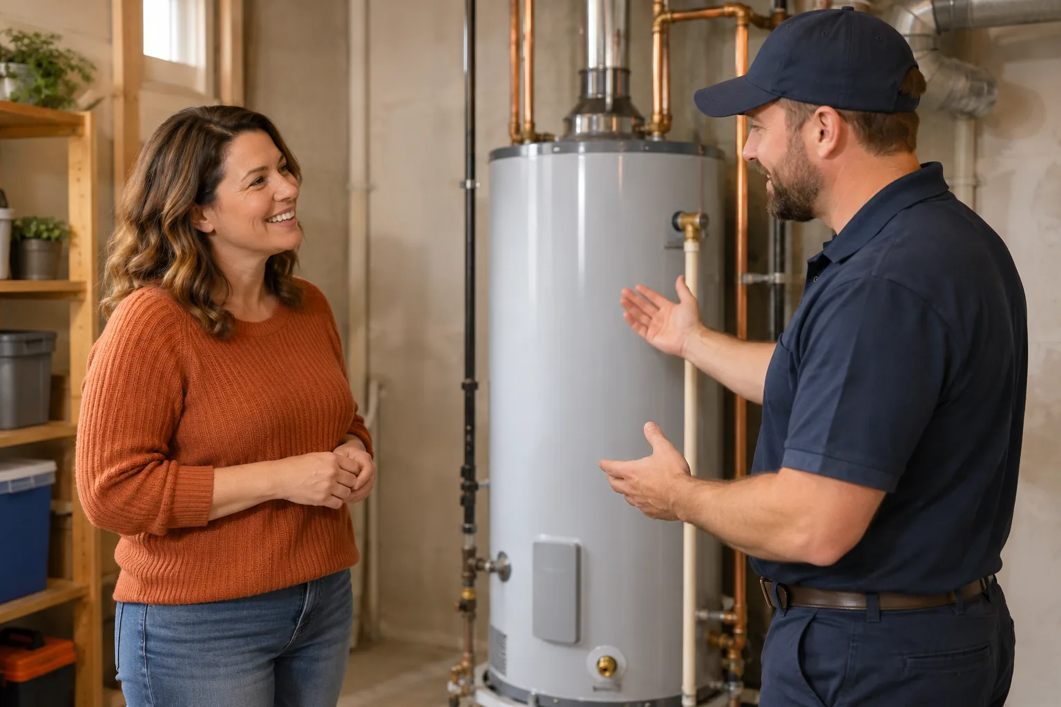 Illustrative image of a homeowner speaking with a service professional beside a water heater
